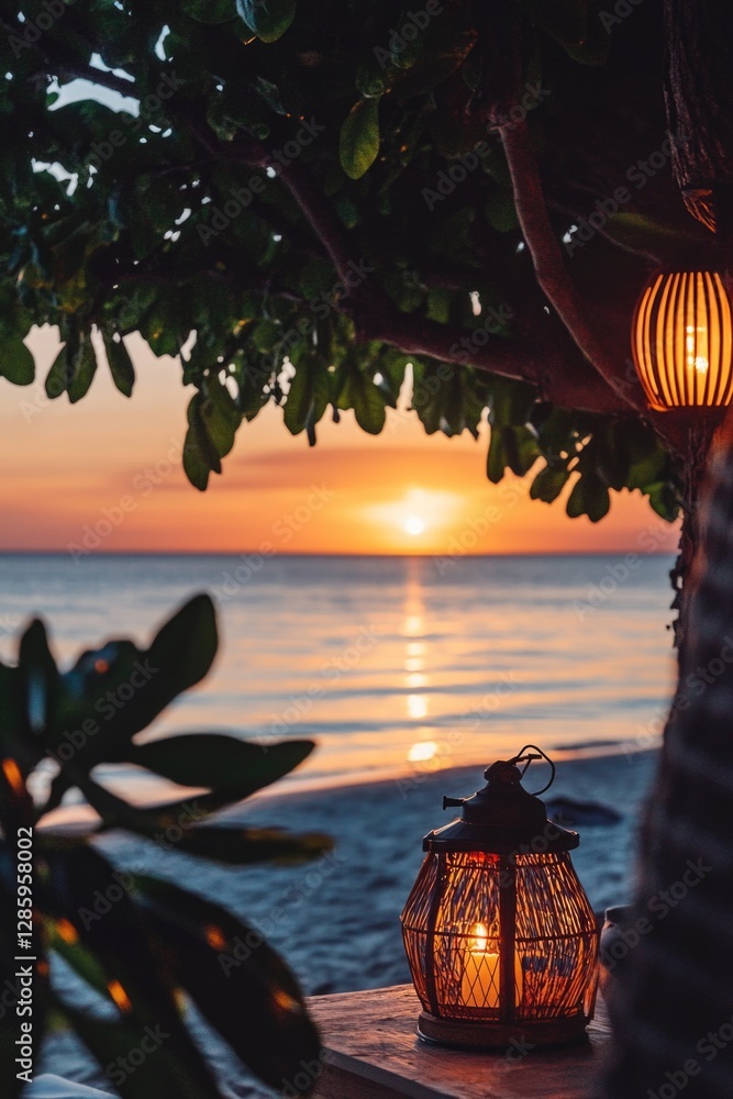 Poster A single lantern sits on a wooden table next to the ocean, perfect for use as a background element or symbol in various contexts