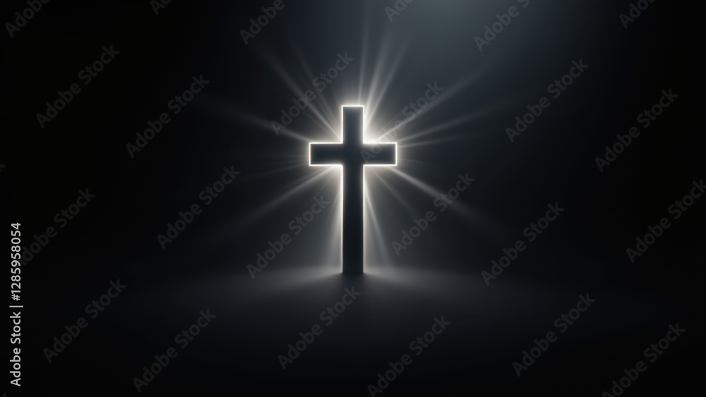 Poster christian cross with rays of light emanating from its base against a dark background.