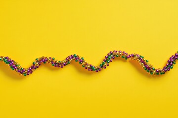 Mardi Gras beads on a bright yellow background, perfect for party decorations or carnival theme