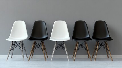 Unique white chair in a black chair lineup, grey textured background, 3D render, business concept