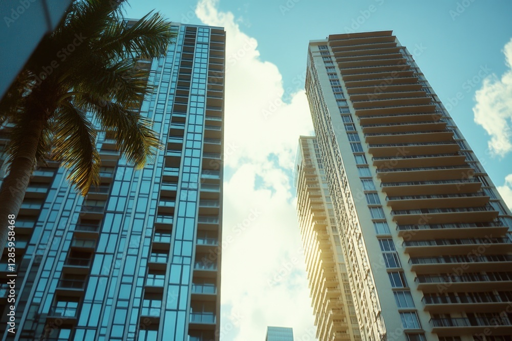 Poster Two modern buildings with a palm tree standing between them, suitable for use as a background or property icon