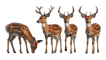 A set of deer in different poses isolated on transparent background, elegant wildlife animals in various standing and resting positions