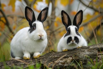 Obraz premium Two adorable black and white rabbits sitting on a log in an autumnal setting.