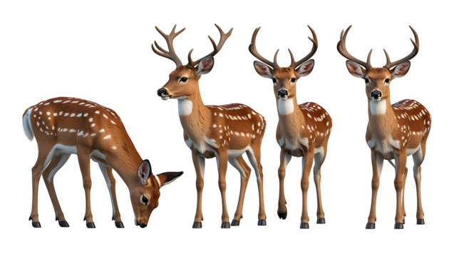 A set of deer in different poses isolated on transparent background, elegant wildlife animals in various standing and resting positions - Powered by Adobe