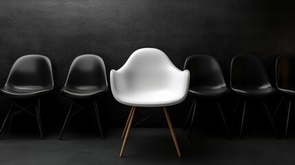 Unique white chair in a black chair lineup, grey textured background, 3D render, business concept