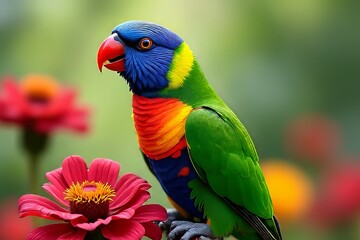 Naklejka premium Vibrant Rainbow Lorikeet Perched on a Flower