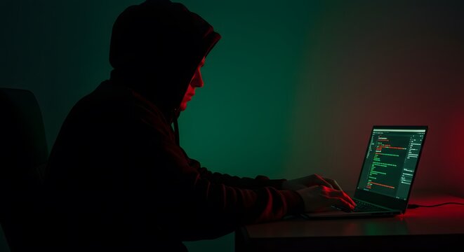 Anonymous Hacker in a Dark Hoodie Working on a Laptop with Dramatic Red and Green Lighting – Cybersecurity Threat Concept" - Powered by Adobe