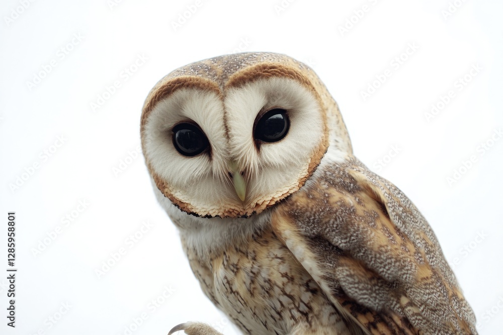 Poster a close-up view of an owl perched on a branch, looking straight into the camera