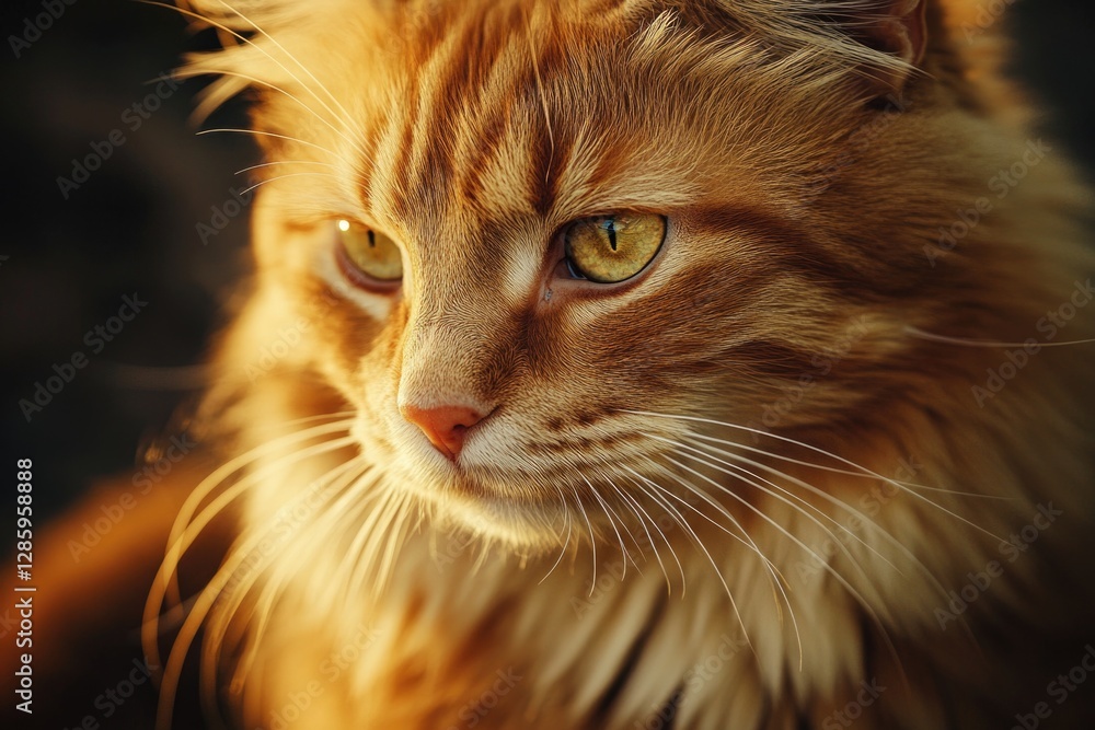 Poster close-up shot of a domesticated cat with long fur, showing its face and whiskers