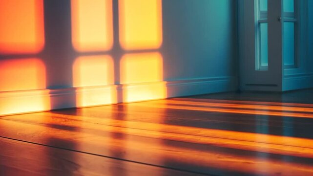 Warm Sunlight Streams Through Window, Casting Dramatic Shadows on Wooden Floor in Interior Room