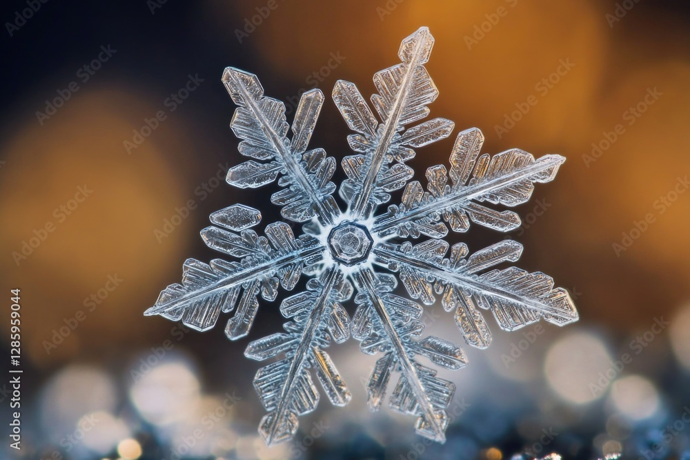 Poster a detailed view of a delicate snowflake on a surface, ideal for winter-themed projects or scientific