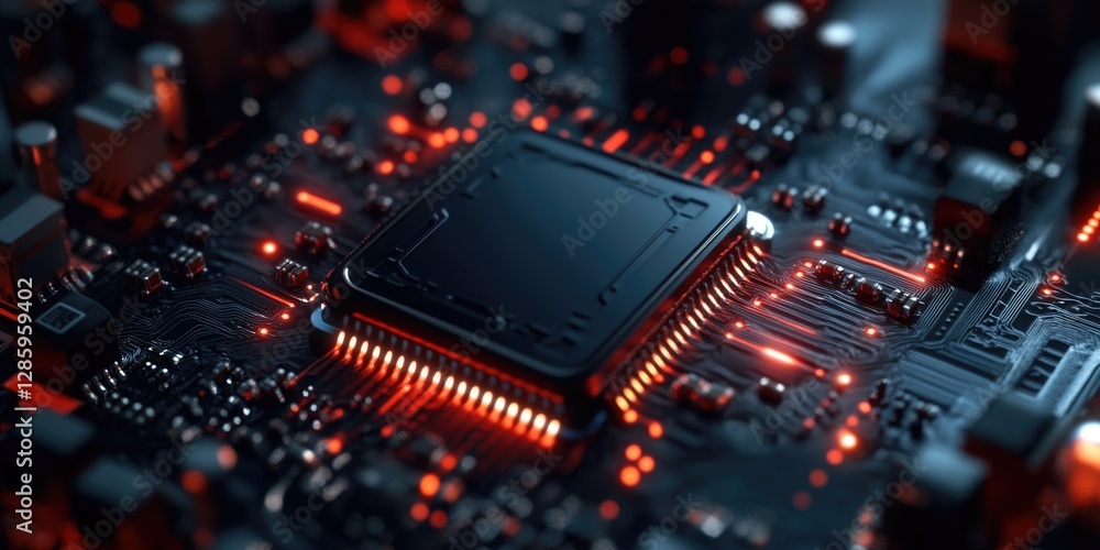 Poster a detailed view of the internal components of a computer motherboard