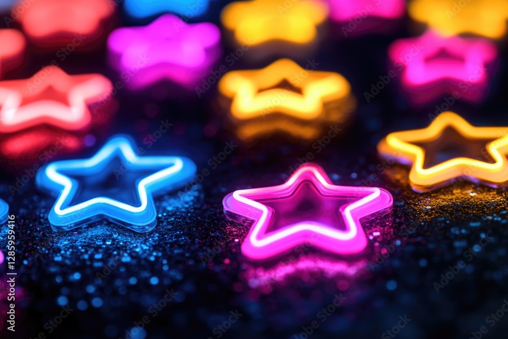 Poster a close-up view of a cluster of glowing neon stars