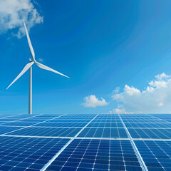 Renewable energy landscape featuring wind turbine and solar panels under a clear blue sky