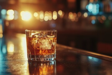 A glass of whiskey sits alone on a bar
