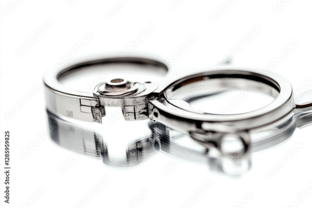 Poster close-up shot of a pair of handcuffs and a ring on a reflective surface, with a hint of mystery