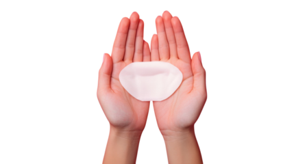 Hands hold a soft beauty facial mask against a plain background showing skincare routine preparation