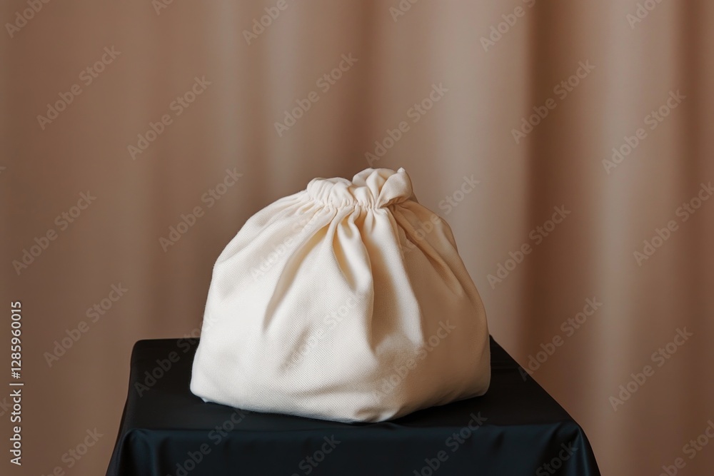 Poster a simple still life composition with a white bag resting on a dark-colored table