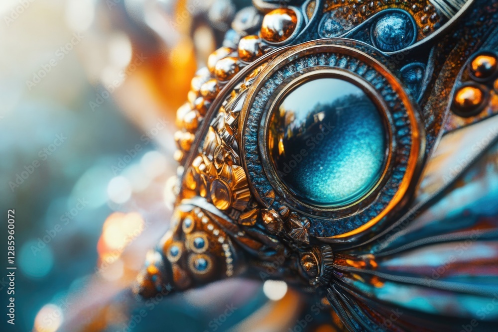 Poster a detailed view of a metal object featuring a blue eye, ideal for use in sci-fi or futuristic themed