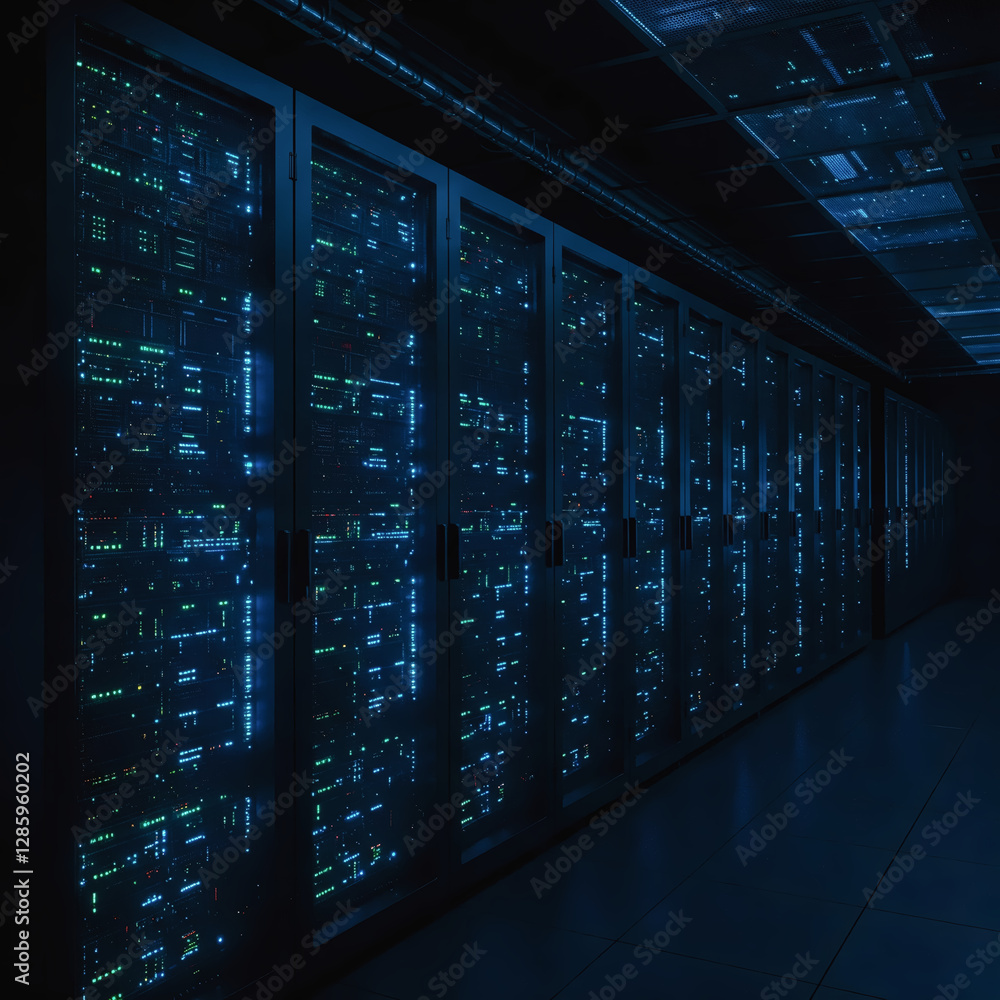 Poster data center: a futuristic, low-angle perspective of a data center, showcasing rows of server racks b