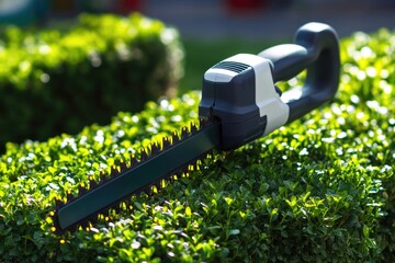 A person trims a hedge using a hedge cutter, perfect for gardening or landscaping