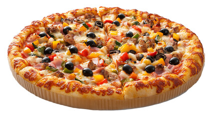 Delicious Supreme Pizza with Colorful Toppings on a Cardboard Base