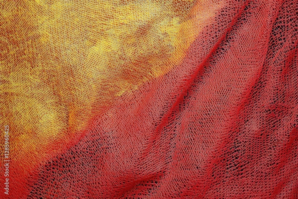 Poster exploring vibrant hues and intricate textures in a striking abstract composition of red and yellow f