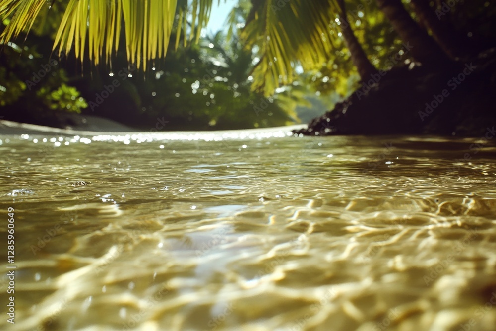 Poster a serene scene showing a glimpse of water beneath a palm tree, perfect for use in travel or nature-t