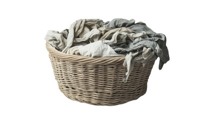 Woven laundry basket filled with neatly arranged light-colored clothes at home during daytime