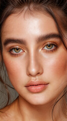 Obraz premium This is a close-up portrait of a young woman with attractive facial features