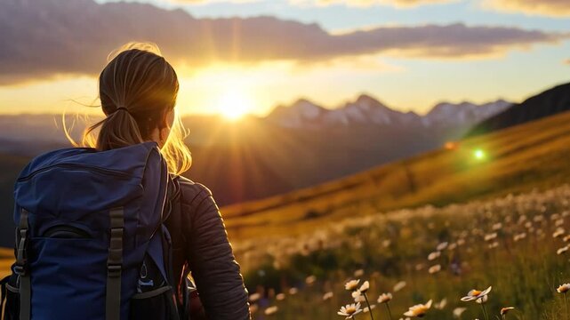 Woman hiking, mountain sunset, wildflowers, inspirational