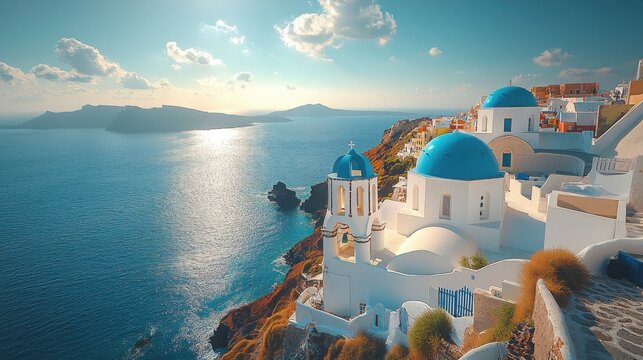 A stunning view of Santorini, Greece, featuring white buildings with blue domes overlooking the deep blue sea, under a bright sky.