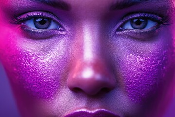 Close-up portrait of a woman with vibrant purple makeup, ideal for beauty or fashion content