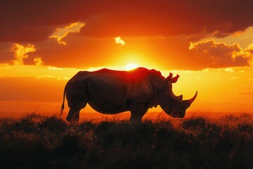 Fototapeta premium Silhouette of a rhinoceros at sunset in African savanna. Majestic wildlife scene.