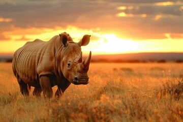 Obraz premium A majestic white rhinoceros stands in a golden savanna at sunset, a breathtaking African scene.