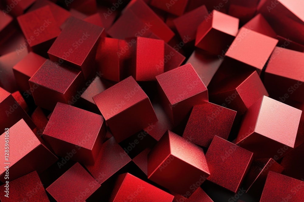 Poster bright red cubes arranged in an artistic display, showcasing texture and depth in a vibrant composit