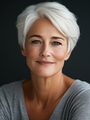 Beautiful portrait of a graceful older woman with short silver hair, confident expression, wearing stylish soft blue outfit.