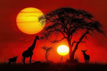 Gardinen African savanna sunset silhouette with giraffe, wildebeest, and acacia tree. © darshika
