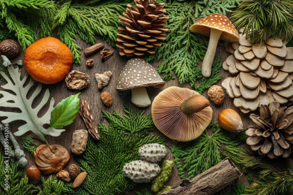 Poster a collection of different types of mushrooms and pine cones