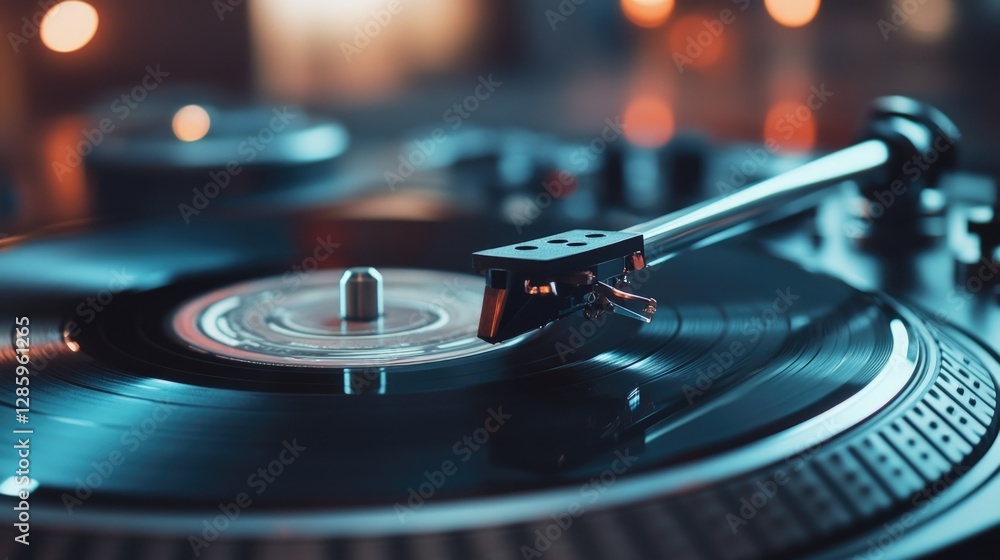 Poster a detailed view of a record player's turntable, perfect for music-related uses