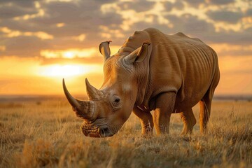 Obraz premium A majestic white rhinoceros grazes peacefully in the golden African savanna at sunset.