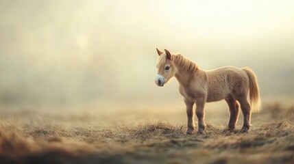Majestic horse stands in misty field, soft light and serene ambiance create a tranquil scene.
