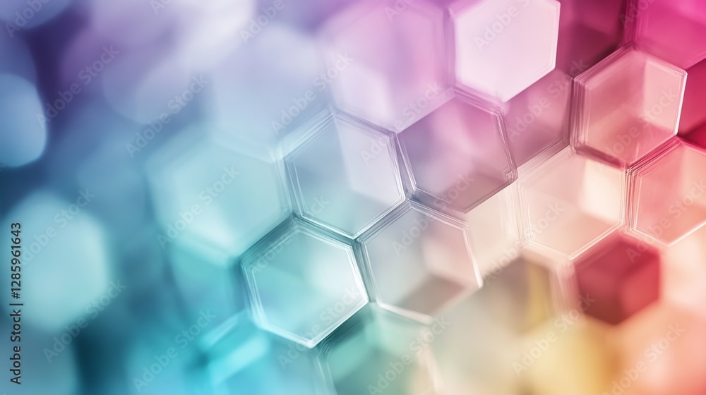 Poster hexagon shaped translucent structures are featured in a colorful background
