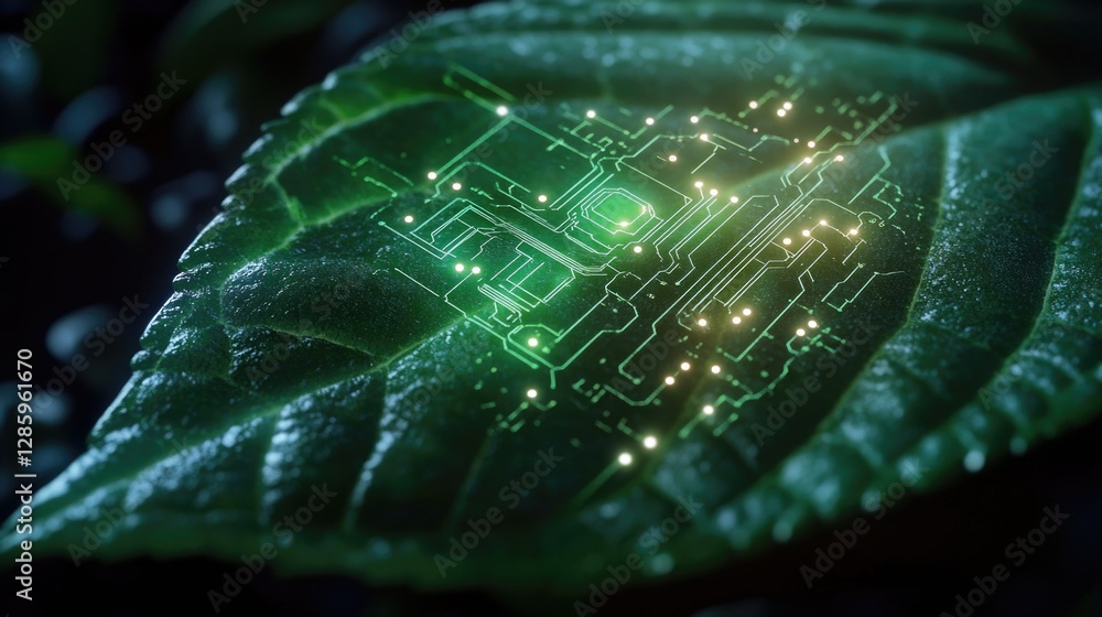 Poster a detailed view of a leaf featuring an electronic circuit