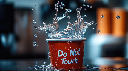 A workplace scenario with an overturned cup labeled "Do Not Touch," with water apparently suspended mid-air as part of a prank.
