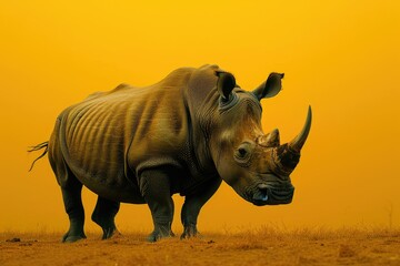 Obraz premium A majestic white rhinoceros stands in a golden, hazy savanna landscape.