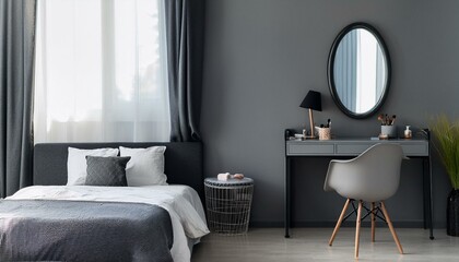 Gray bedroom interior with makeup table