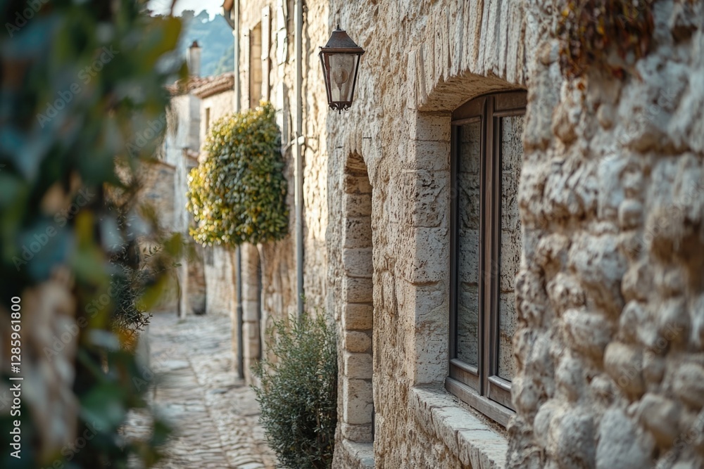Poster a stone building with a lamp on its side, suitable for use as a landmark or architectural feature
