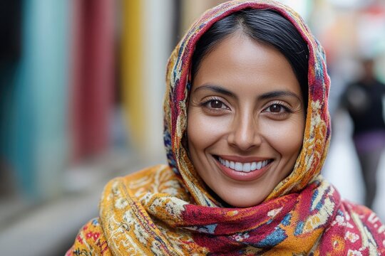 A woman wearing a vibrant scarf smiles directly at the camera, conveying friendliness and approachability