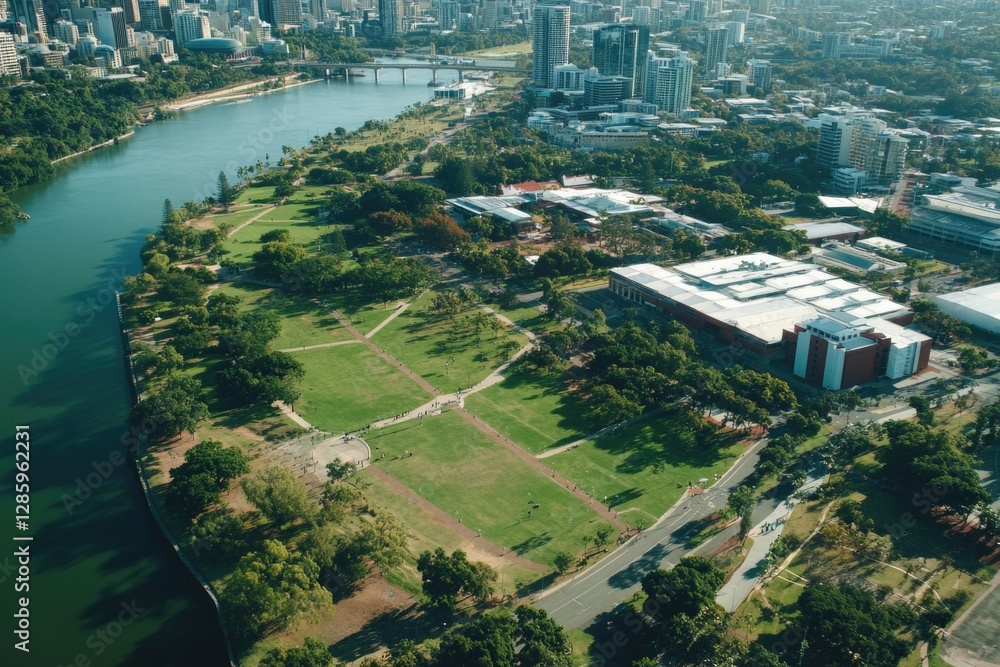 Aufkleber aerial view of a city with a river flowing through it, suitable for use in urban planning or infrast